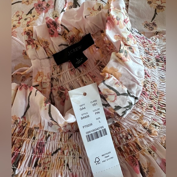 J. Crew Smocked Neck Puff-Sleeve Cotton Dress Pink Peach Cherry Blossoms LG NWT - Picture 7 of 14